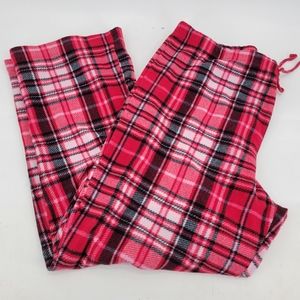 Faded Glory Fleece Womens 2XL Drawstring Waist Pink Red Plaid Pajama Pants Botto